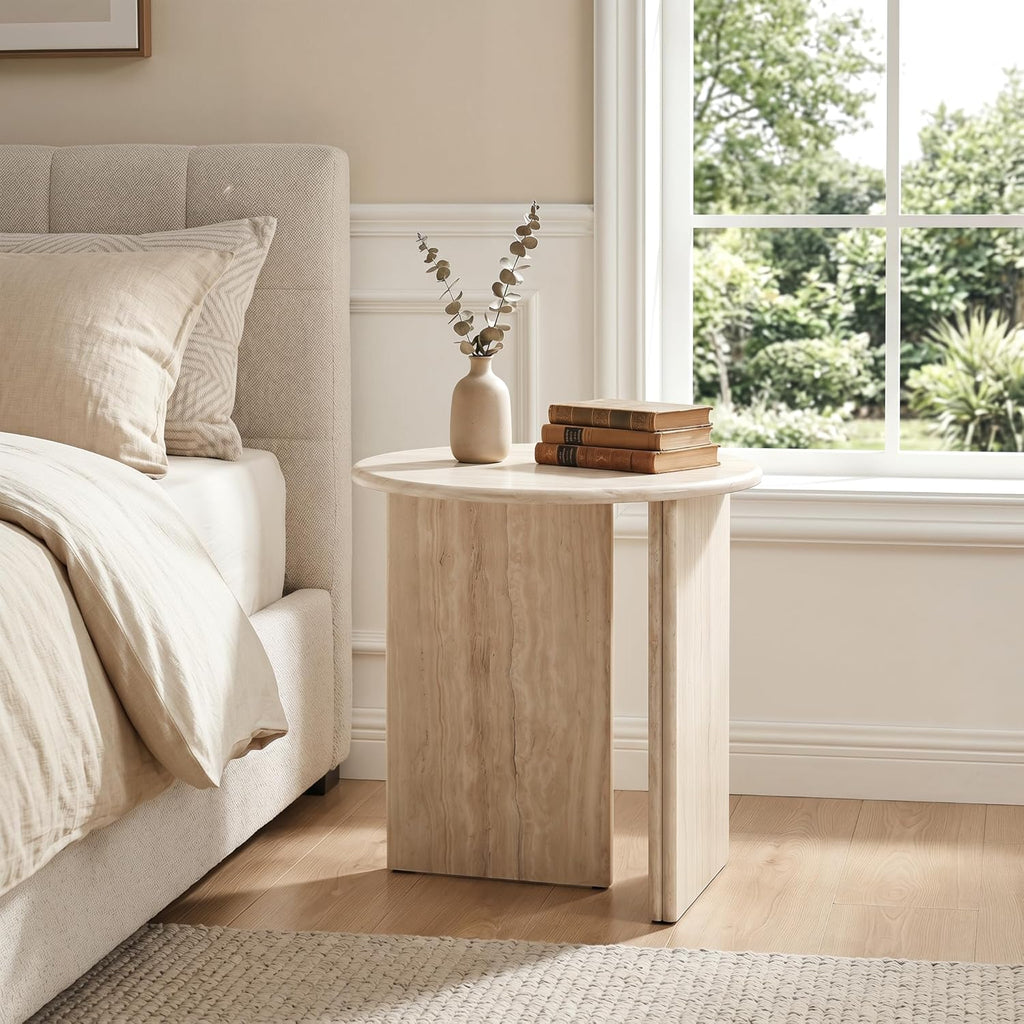 DUOMAY Wood Round Side Table Small Faux Marble Bedside Table 18" Modern End Table Natural Travertine Finish for Living Room, Bedroom, Sofa Side, Reception Room, Luxury Minimalist, Beige