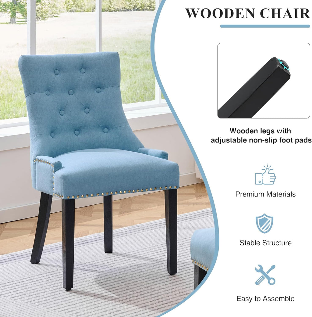 adochr Dining Chairs Set of 6, Upholstered Fabric Dining Room Chairs with Nailhead High Back & Ring Pull & Wooden Legs, Mid-Century Modern Kitchen Chairs for Restaurant, Living Room, Light Blue
