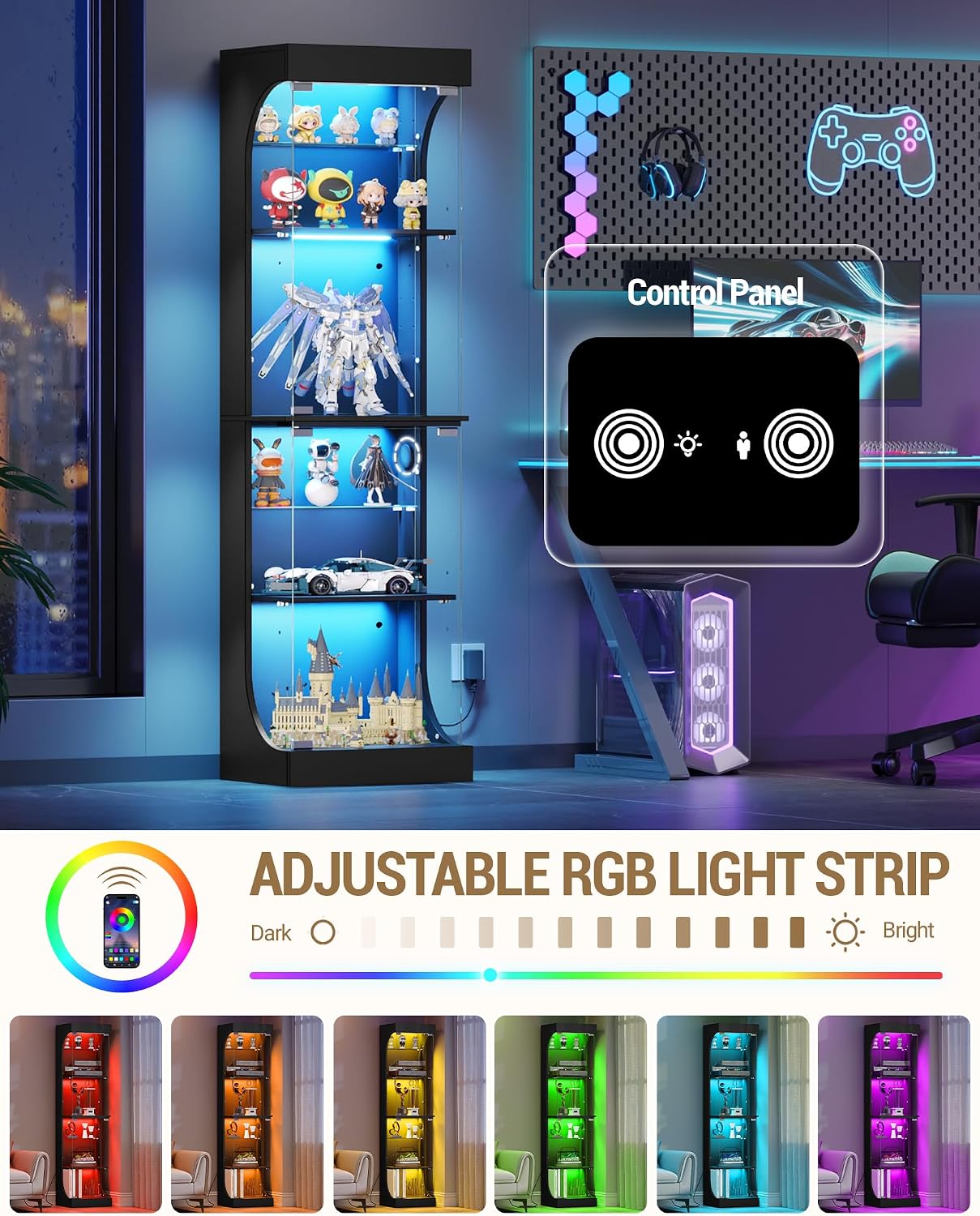 Hzuaneri Glass Display Cabinet 4-Tier Display Case with RGB Lights Black | Curio Cabinet Adjustable Glass Shelves, Human Body Sensor, Press-To-Open Doors Storage Cabinets Showcase For Collectibles