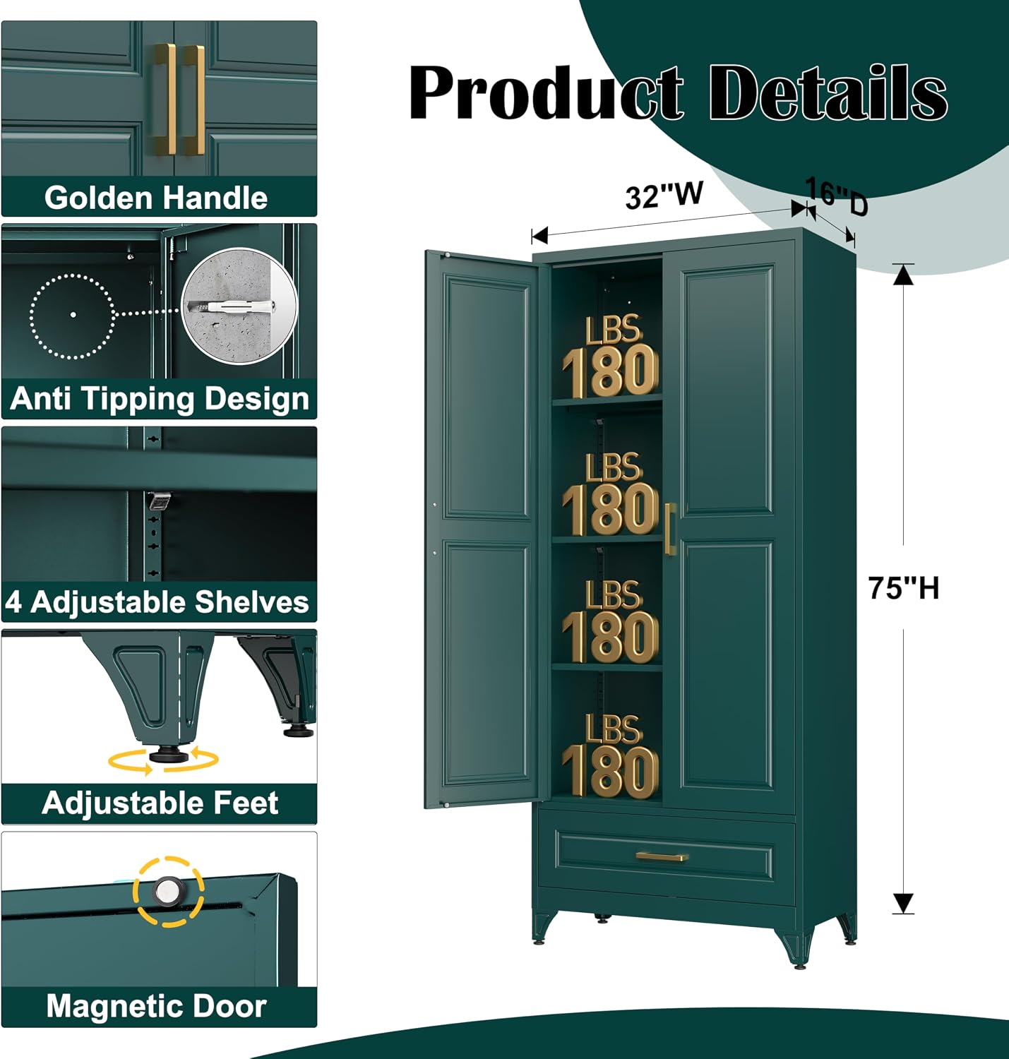 SteeLoong 75" Kitchen Pantry Cabinet with Drawer, Metal Storage Cabinets with Doors and 3 Adjustable Shelves,Green Kitchen Cabinet with 2 Gold Handles,Food Cupboard for Livingroom,Pantry, Bathroom