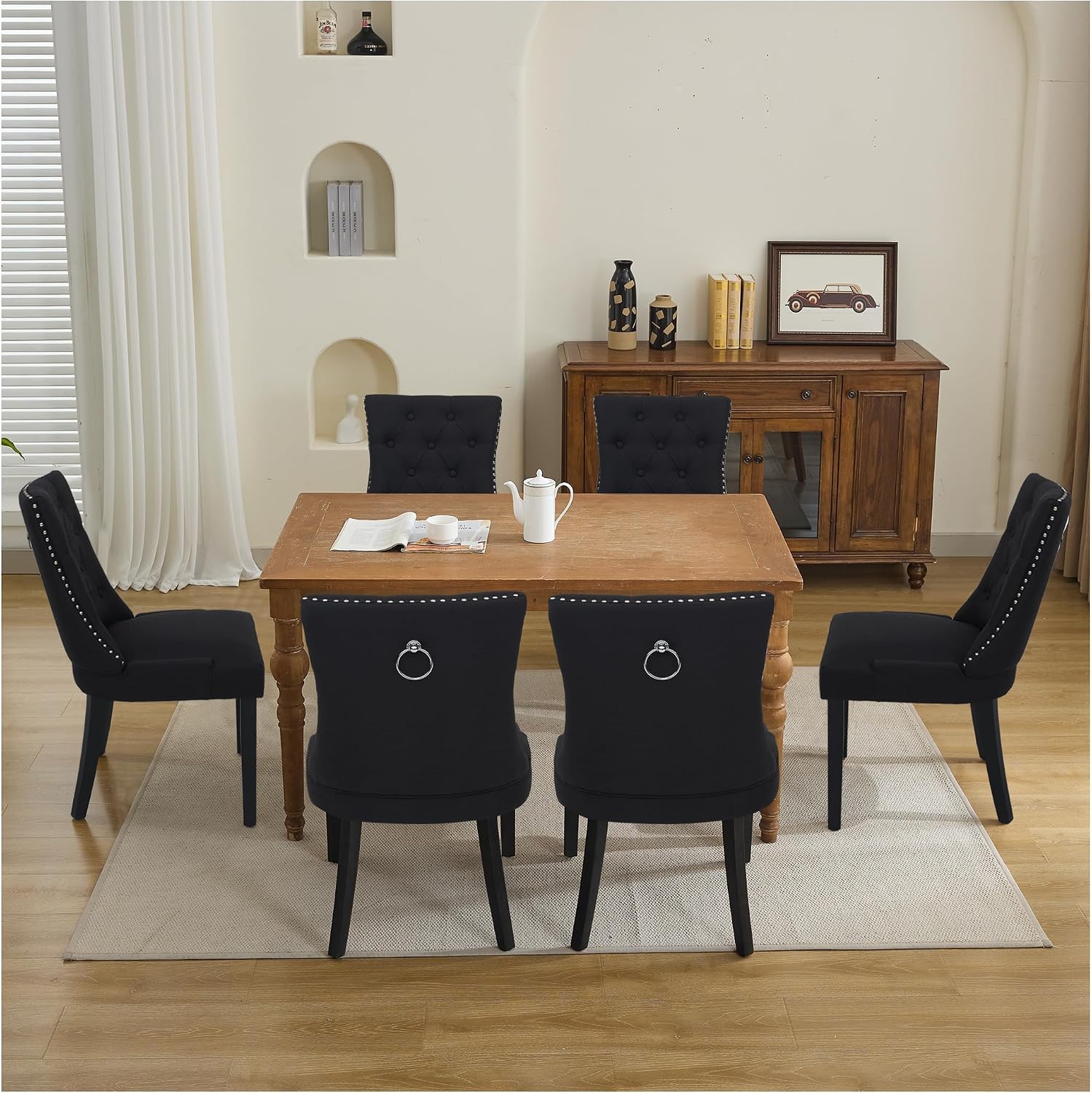 Upholstered Tufted Dining Chairs Set of 2, Fabric Side Dining Room Chairs with Nailhead Back Ring Pull Trim Solid Wood Legs(Black, 2PCS)