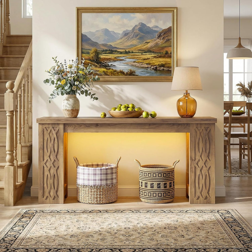 Cyclysio 63" Console Table with Outlet, Farmhouse Entryway Table with Colorful LED Lights, Wooden Sofa Table with Unique Carved Design, Foyer Accent Table for Entrance, Hallway, Living Room Natural
