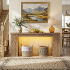Cyclysio 63" Console Table with Outlet, Farmhouse Entryway Table with Colorful LED Lights, Wooden Sofa Table with Unique Carved Design, Foyer Accent Table for Entrance, Hallway, Living Room Natural