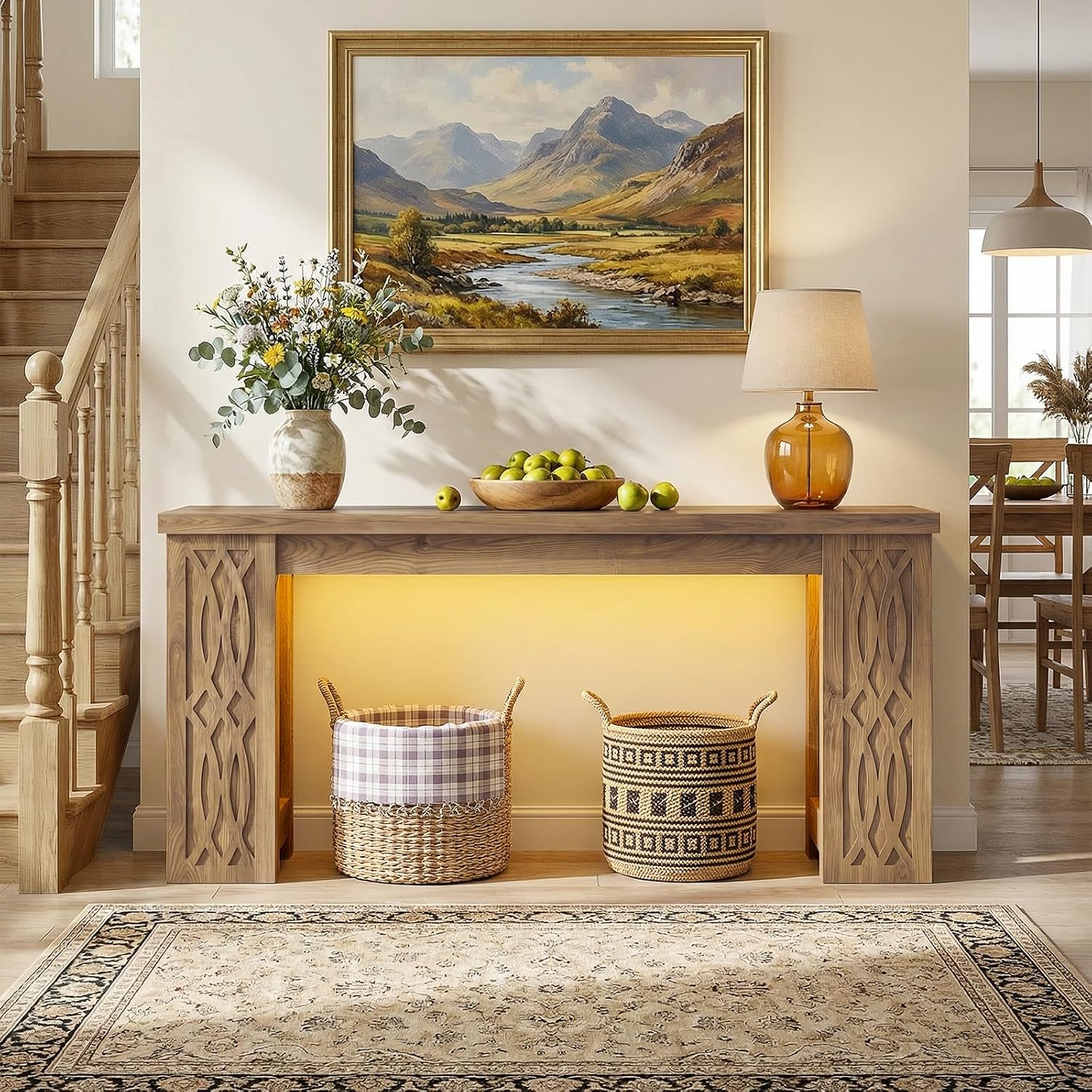 Cyclysio 63" Console Table with Outlet, Farmhouse Entryway Table with Colorful LED Lights, Wooden Sofa Table with Unique Carved Design, Foyer Accent Table for Entrance, Hallway, Living Room Natural