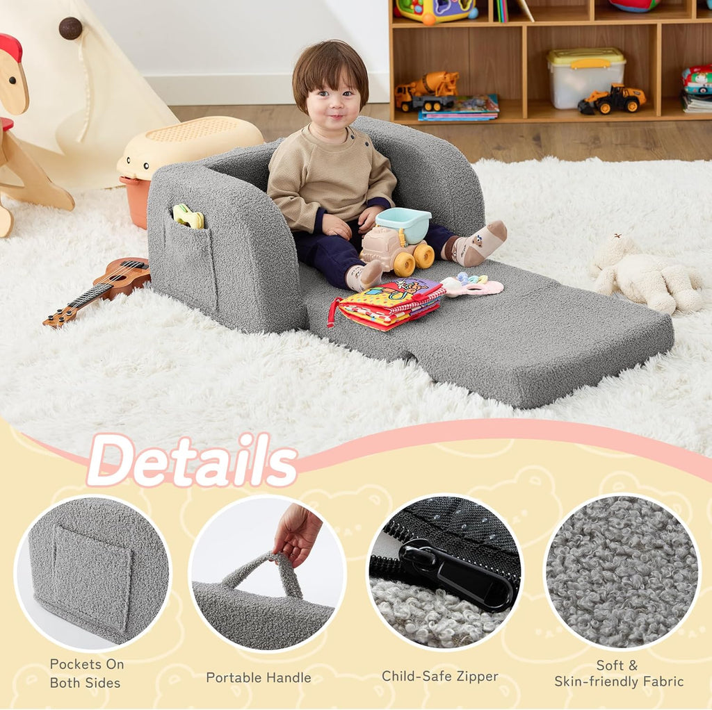 Toddler Couch, 2-in-1 Toddler Chairs Comfy 1-3 Years Old, Toddler Chair for Girls and Boys, Kids Couch Bed Fold Out, Convertible Baby Sofa to Lounge Chair for Playing, Reading, Napping, Grey