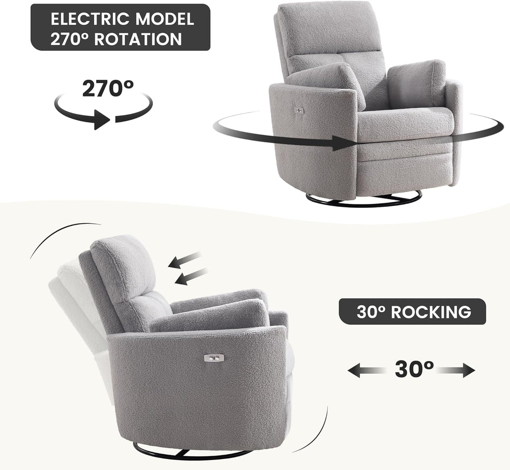 Power Recliner,Nursery Swivel Glider Rocking Chair with USB Port,Upholstered Adult Electric Recliner Rocking Chair with 2 Pillows for Living Room Bedroom(Lightgrey Teddy, Power-Driven)