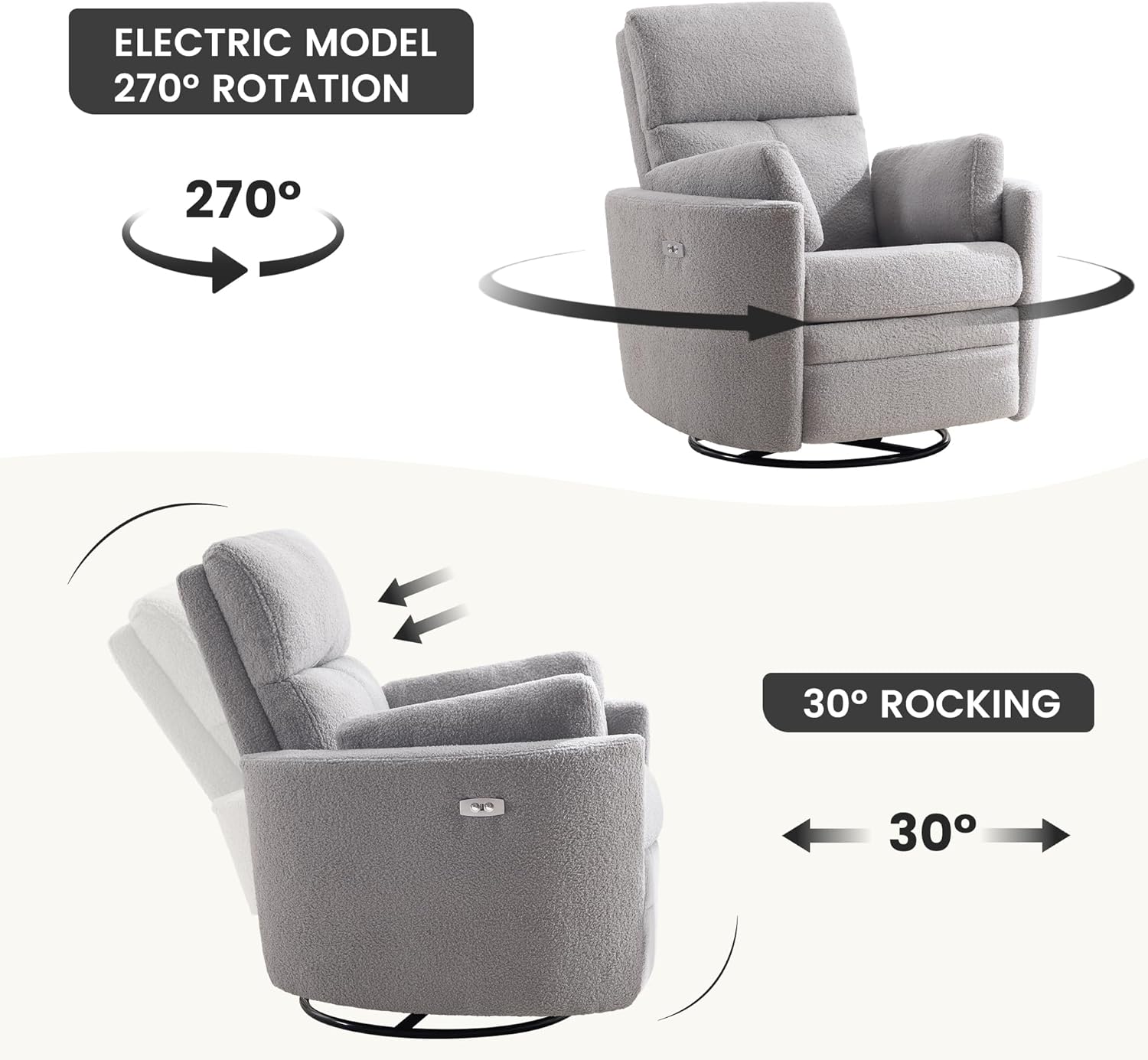 Power Recliner,Nursery Swivel Glider Rocking Chair with USB Port,Upholstered Adult Electric Recliner Rocking Chair with 2 Pillows for Living Room Bedroom(Lightgrey Teddy, Power-Driven)