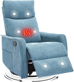 Trustyue Swivel Rocker Recliner Chair, 360° Swivel Recliner with Heat and Massage, Rocker Recliner Nursery Glider Chair with Side Pockets for Living Room (Light Blue, Fabric)