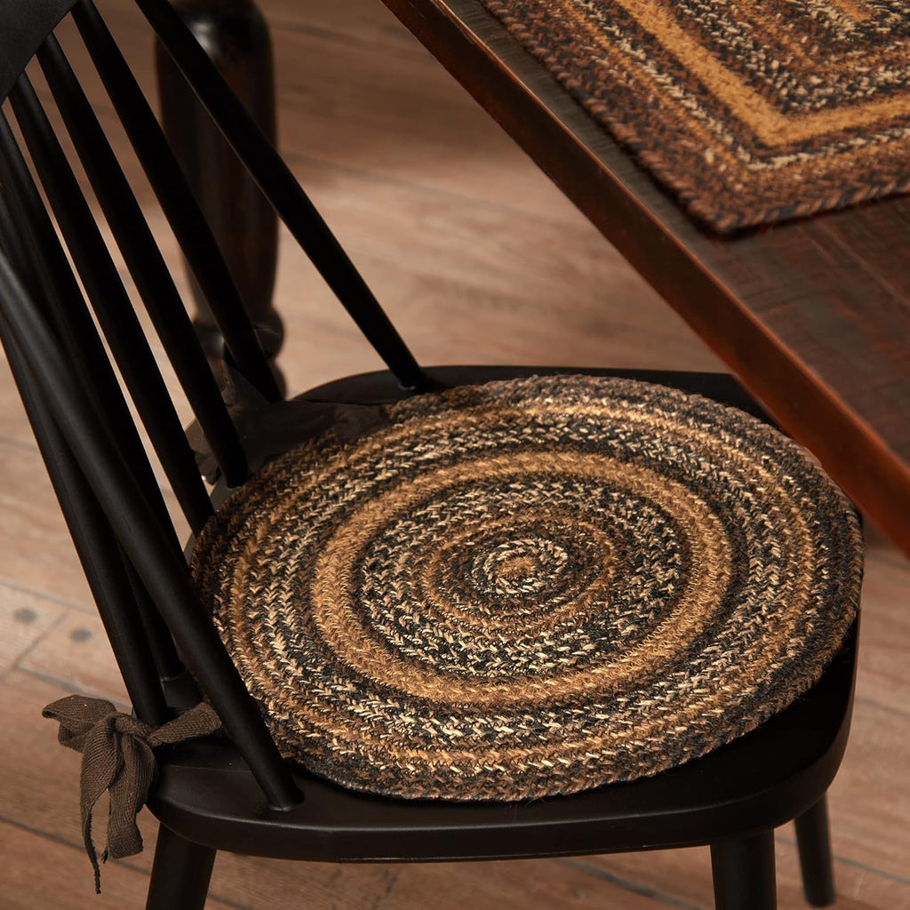 VHC Brands Espresso Round Seat Cushion Chair Pad, Brown Black Tan, Jute Blend with Ties, 15x15 Inches, Set of 4