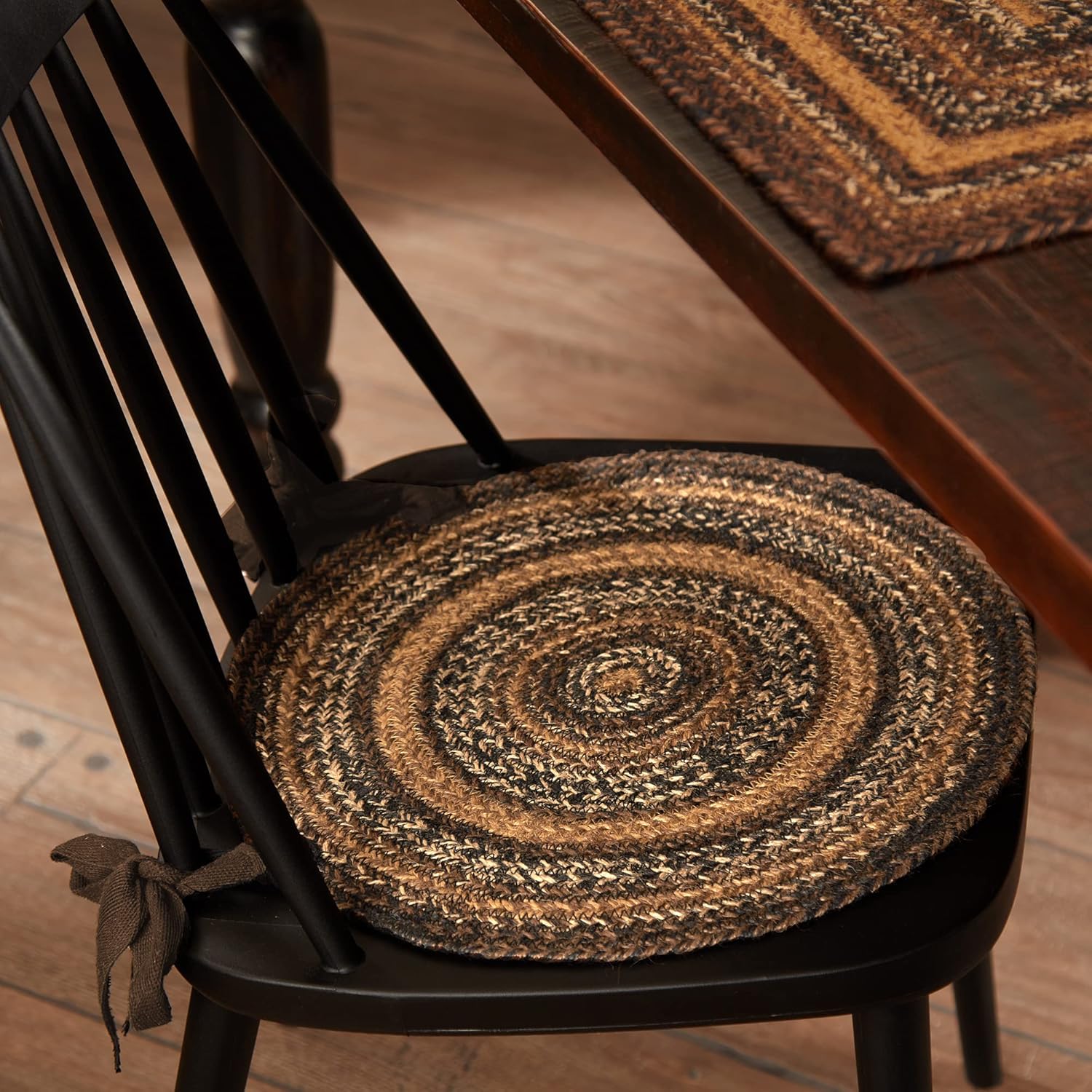 VHC Brands Espresso Round Seat Cushion Chair Pad, Brown Black Tan, Jute Blend with Ties, 15x15 Inches, Set of 4