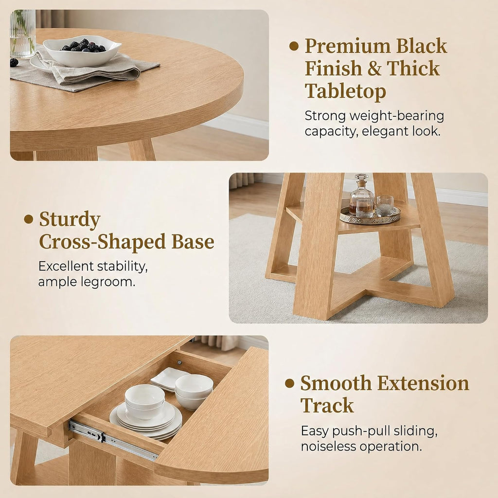 5 Piece Round Extendable Dining Table Set for 4, 43"-59" Natural Wood Oval Expanding Kitchen Table with 4 French Upholstered Chairs, Space Saving Extendable Dining Room Tables with Storage Shelf