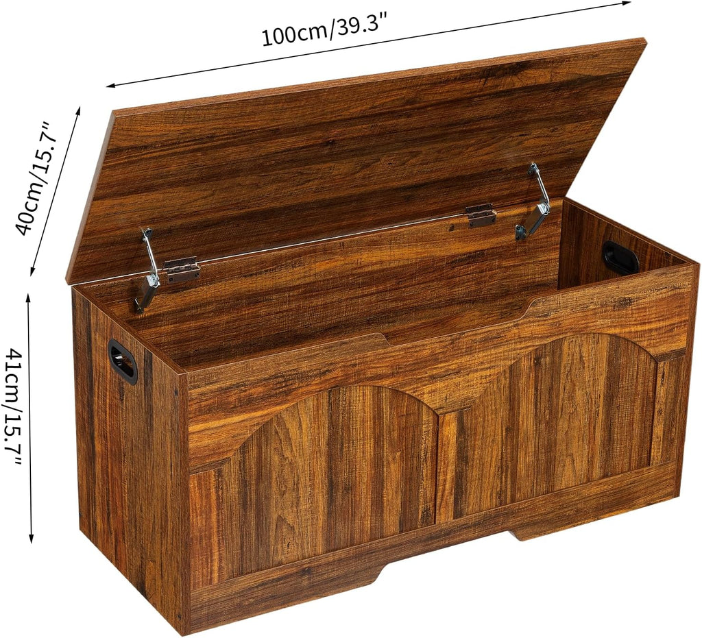 Garvee Storage Bench,39.3” Retro Wooden Storage Chest with U-Shaped Cut-Out Pull, Safety Hinge, Supports 300 lb and Easy Assembly for Toy Box Organizer,Brown