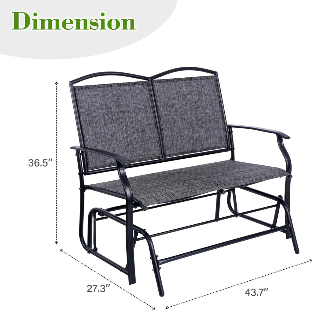 Backyard Expressions 2-Person Outdoor Glider Bench, Patio Double Swing Rocking Chair Loveseat w/Powder Coated Steel Frame for Backyard Garden Porch, Black Frame - Heathered Grey Sling Fabric