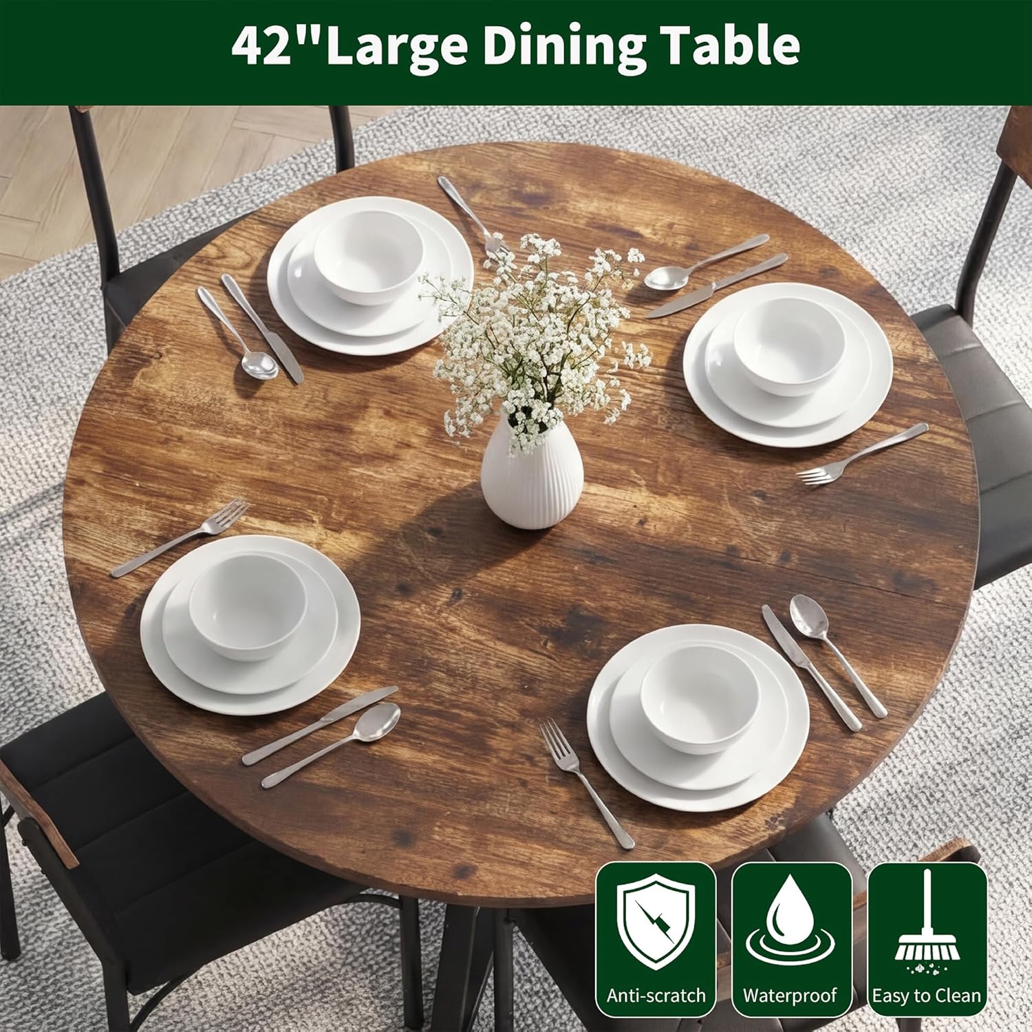 42'' Round Dining Table Set for 4, Space Saving Wood Kitchen Table and Chairs Set for 4 with Faux Leather Chairs, Extra Storage, Vintage Brown