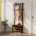 AQIMUELE Hall Tree, Coat Rack with Shoe Storage, Wooden Hall Tree with Bench, 11 Hooks and 2-Tier Storage Shelves, Entryway Bench with Coat Rack (23.6" - Deep Walnut)
