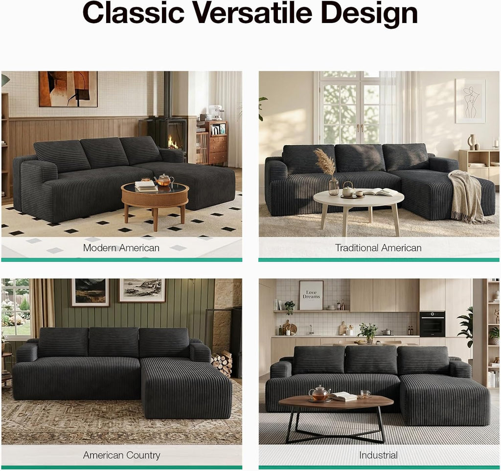 Novilla L-Shape Sectional Couches for Living Room with Smarts Coil® Support, 3 Seater Sectional Sofas for Living Room Bedroom, Corduroy Cloud Couch Sectional, No Assembly(Dark Grey, Right Hand Facing)