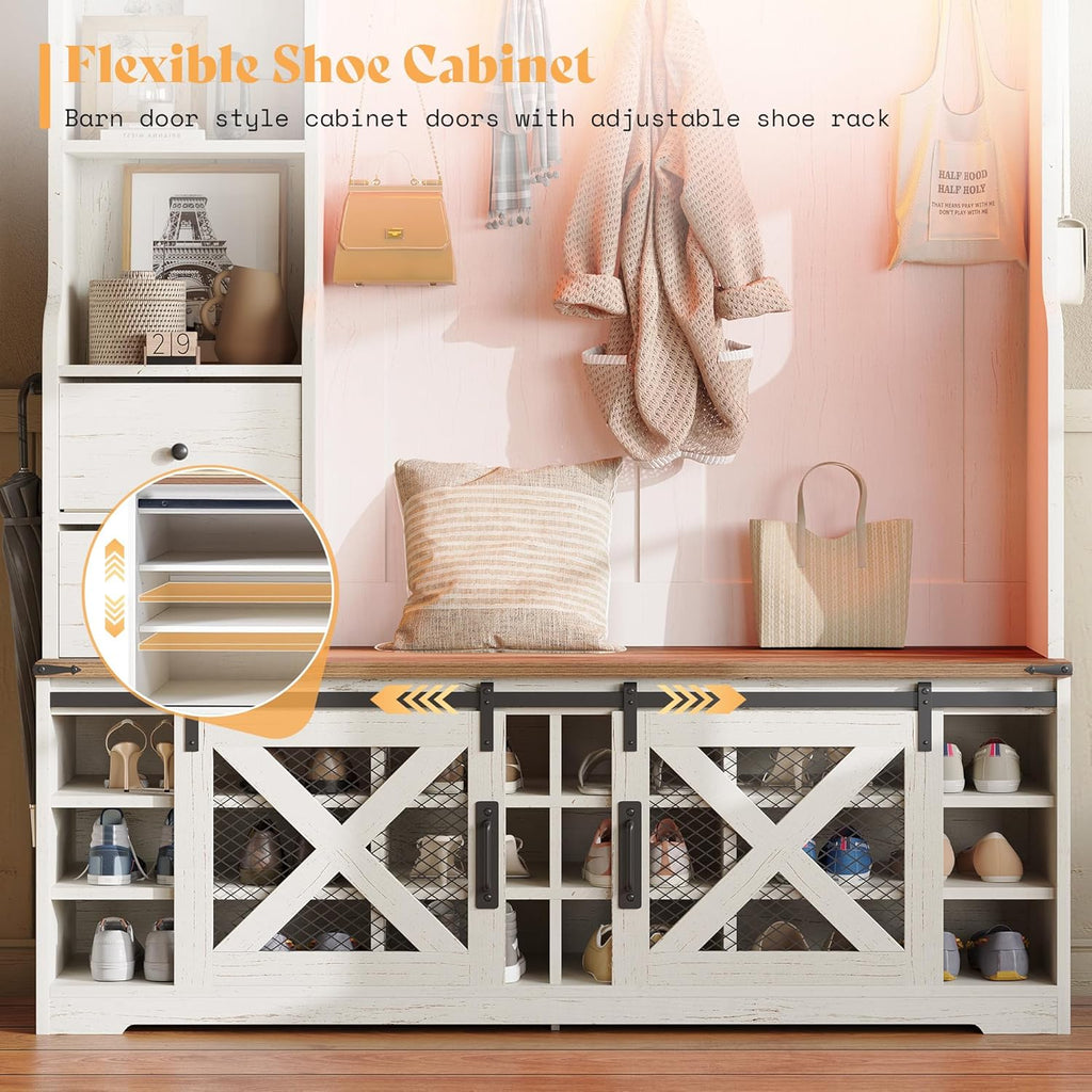 AMERLIFE 75" 7-in-1 Farmhouse Hall Tree with Bench and shoe storage, LED Entryway Bench with Coat Rack, 12 Shoe Cubbies, 2 Drawers, Barn Doors & Adjustable Shelf, Mudroom Hallway Cabinet, Rustic White