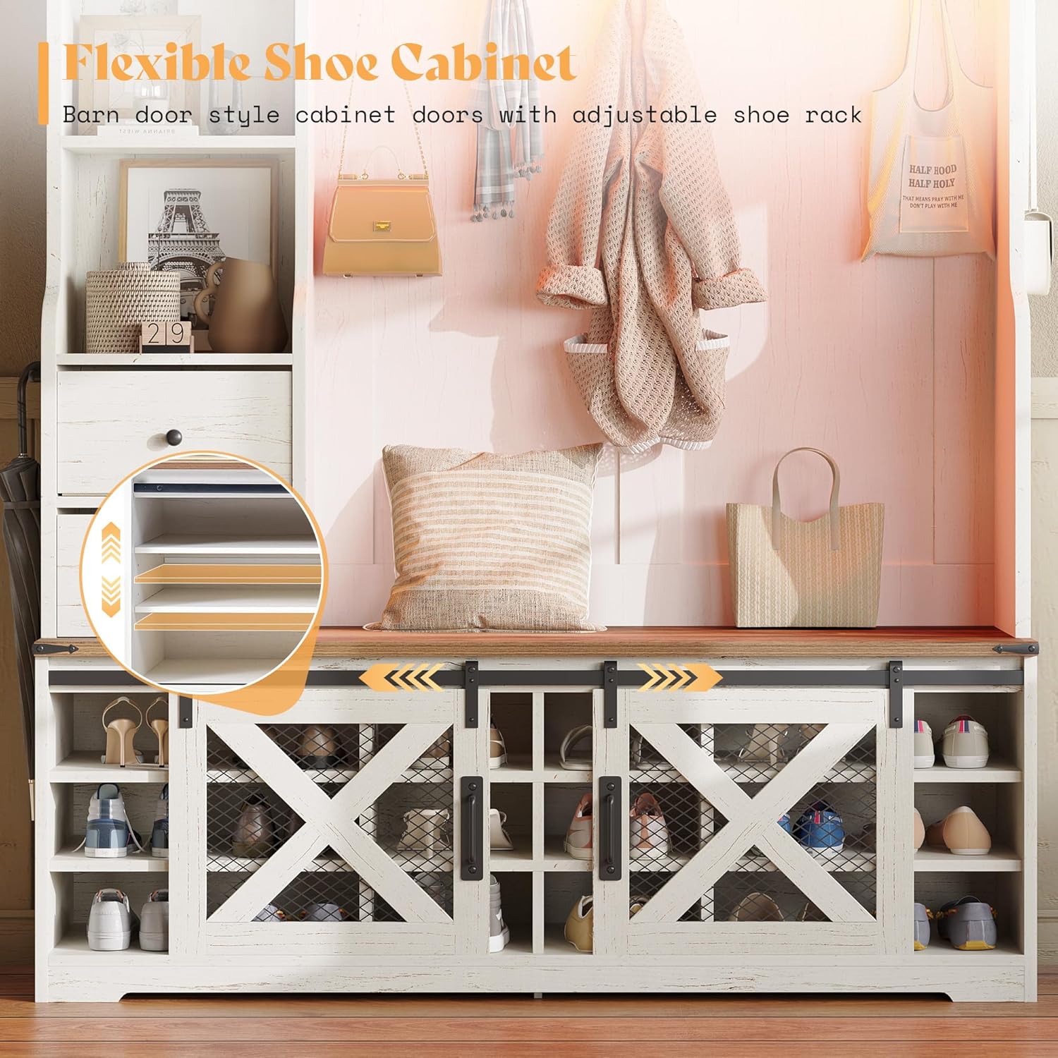 AMERLIFE 75" 7-in-1 Farmhouse Hall Tree with Bench and shoe storage, LED Entryway Bench with Coat Rack, 12 Shoe Cubbies, 2 Drawers, Barn Doors & Adjustable Shelf, Mudroom Hallway Cabinet, Rustic White