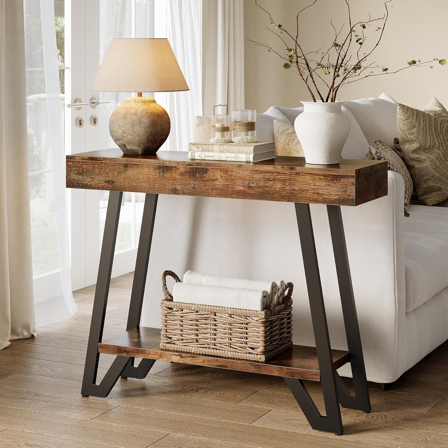 LITTLE TREE 41-Inch Console Table with Geometric Metal Frame, Rustic Brown, Entryway Tables, Storage Shelves, 2-Tier, Industrial, Hallway Sofa Table, Accent Table, Living Room