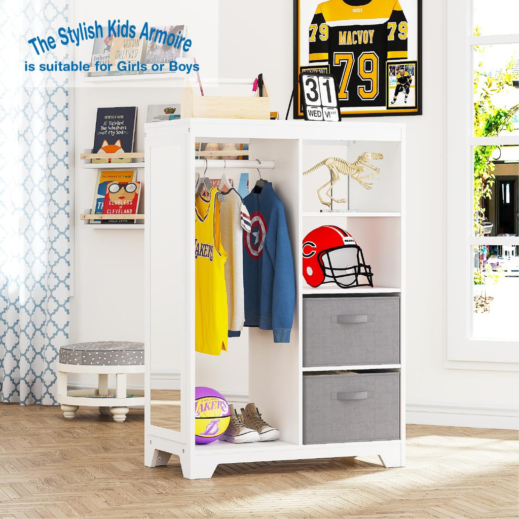 UTEX Kids Dress Up Storage with 2 Storage Bins and Full Length Mirror | Kids Armoire, Opening Hanging Kids Closet Wardrobe, Water-based Paint