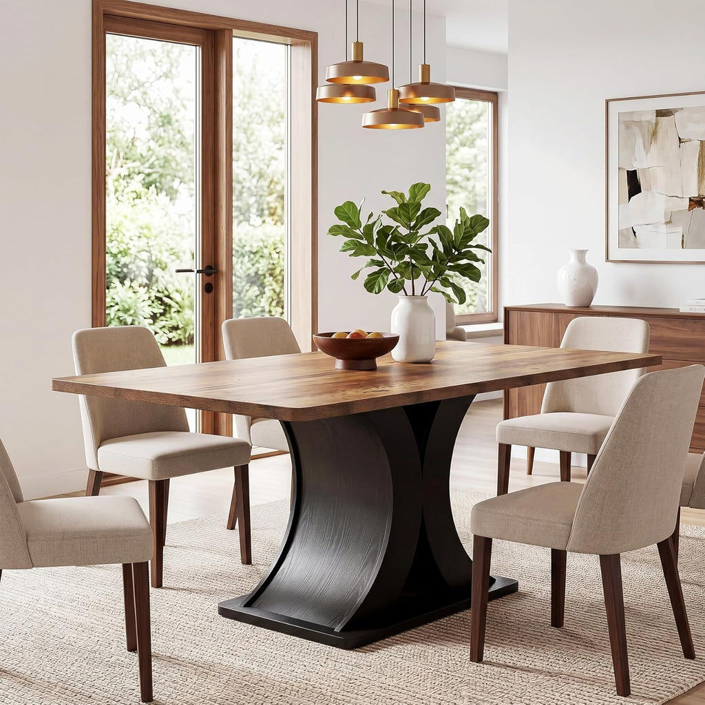 Tribesigns 55-Inch Dining Table for 4-6, Farmhouse Kitchen Dinner Table with Heavy Duty Pedestal, Rectangle Wooden Eating Table for Dining Room, Kitchen, Black & Brown