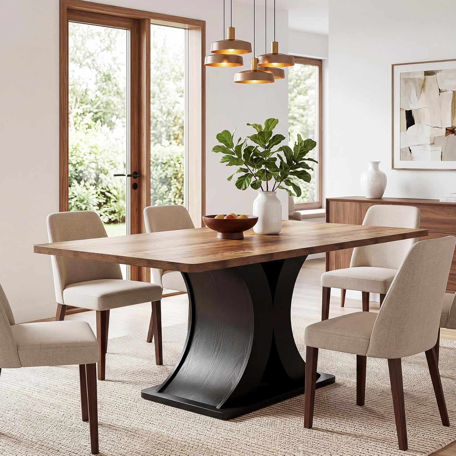 Tribesigns 55-Inch Dining Table for 4-6, Farmhouse Kitchen Dinner Table with Heavy Duty Pedestal, Rectangle Wooden Eating Table for Dining Room, Kitchen, Black & Brown