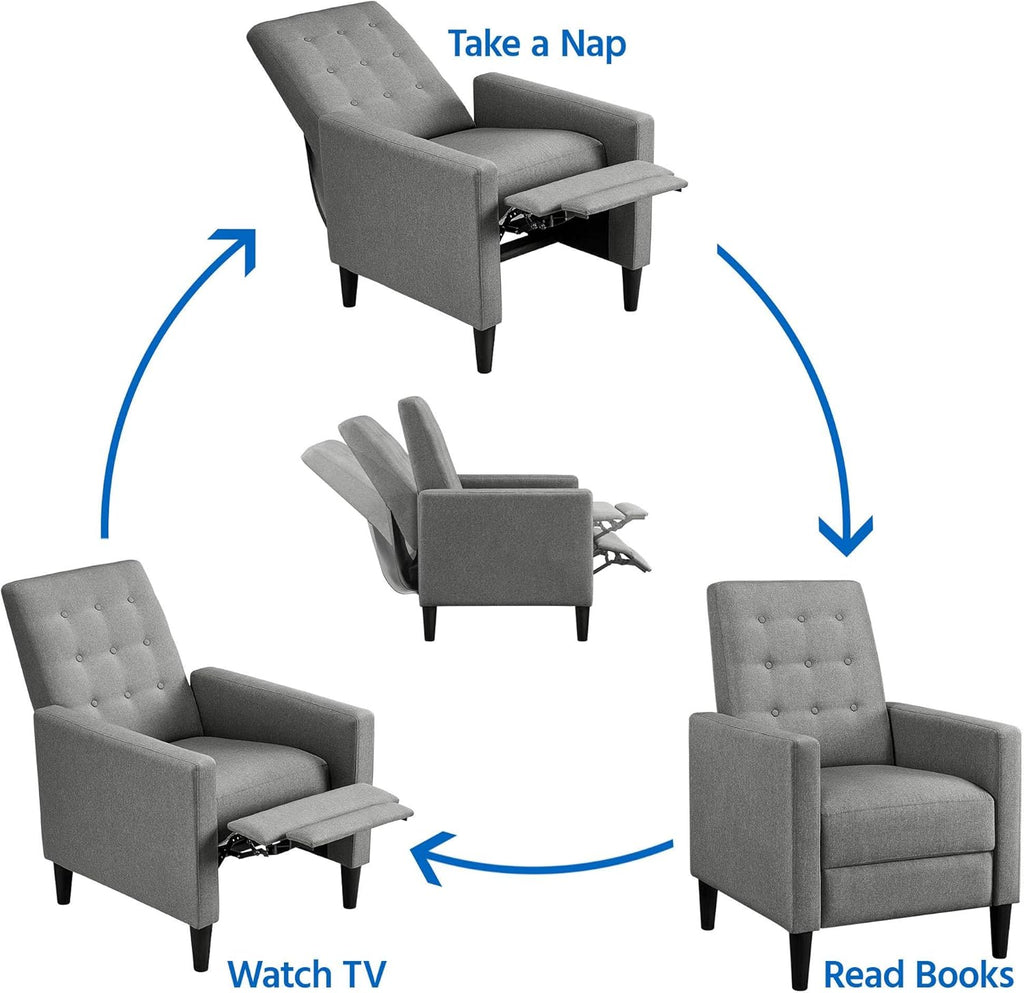 Yaheetech Fabric Recliner Chair with Adjustable Back & Footrest, Mid-Century Modern Accent Armchair Reading Chair, Tufted Upholstered Sofa with Pocket Spring for Living Room Bedroom Gray