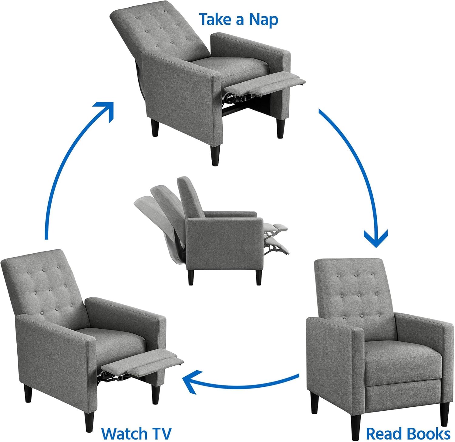 Yaheetech Fabric Recliner Chair with Adjustable Back & Footrest, Mid-Century Modern Accent Armchair Reading Chair, Tufted Upholstered Sofa with Pocket Spring for Living Room Bedroom Gray