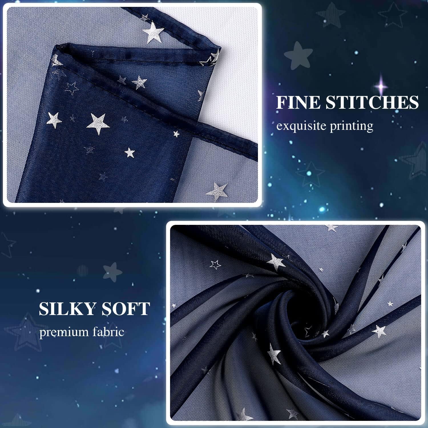 WUBODTI Navy Blue Voile Curtains 84 Inches Long 2 Panels, Rod Pocket Semi Sheer Kids Curtain for Boys Bedroom Living Room,Galaxy Starry Tulle Window Treatments Star Wars Room Decor