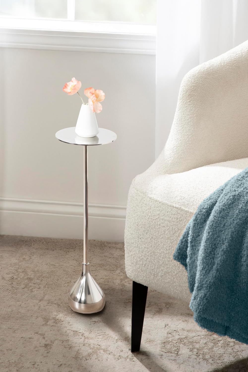 Kate and Laurel Hersi Decorative Modern Pedestal Drink Table, 7 x 7 x 20, Silver, Cast Aluminum Mini Table with Teardrop Base for Use as Small Plant Stand or Living Room Martini Table