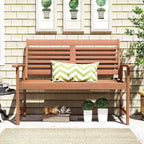 Tangkula Wood Outdoor Bench, 2-Person Patio Bench with Ergonomic Backrest & Armrests, Slatted Seat, Teak Oil Finish, for Front Porch, Backyard, Park, Loads up to 660 LBS