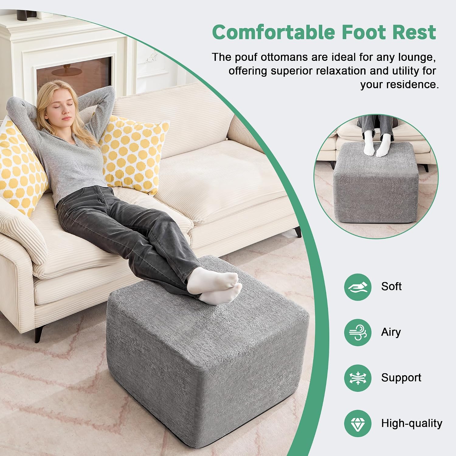 23.6'' Square Pouf Boneless Ottoman Foot Rest with High-Rebound Solid One-Piece Foam and Removable Washable Cover for Living Room, Gaming, Movie Watching - Grey