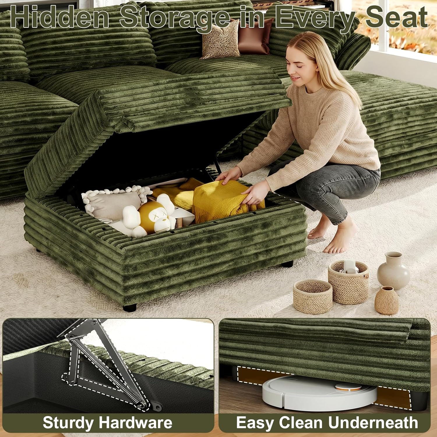 DreamDashio 7-Seat Sectional Sofa, Oversized Extra Wide Deep Seat Giant Detachable Modular Cloud Couch, Certified Corduroy Fabric with Storage & Detachable & Adjustable Arms, for Living Room, Green