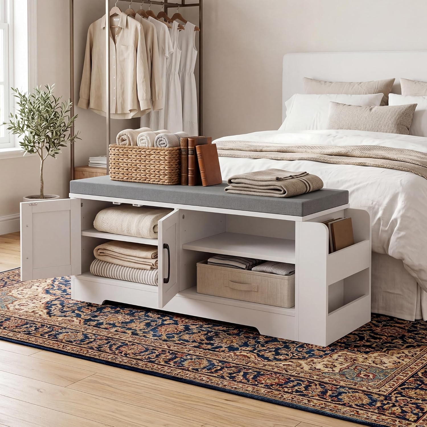 GRUSIGN Shoe Storage Bench, 2-Tier with Adjustable Shelves, Removable Cushion, 39.6'' Wide Shoe Rack Bench for Entryway Bedroom Living Room, White