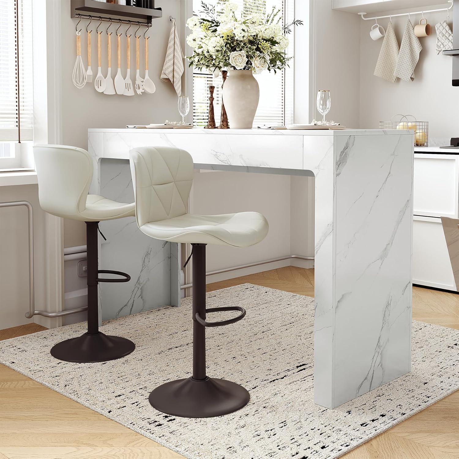 Miereirl Modern 3-Piece Bar Table Set, 55" Faux Marble Pub Dining Table with 2 Swivel Adjustable Barstools, PU Leather Counter Height Chairs with Footrest & Backrest for Kitchen, Dining Room