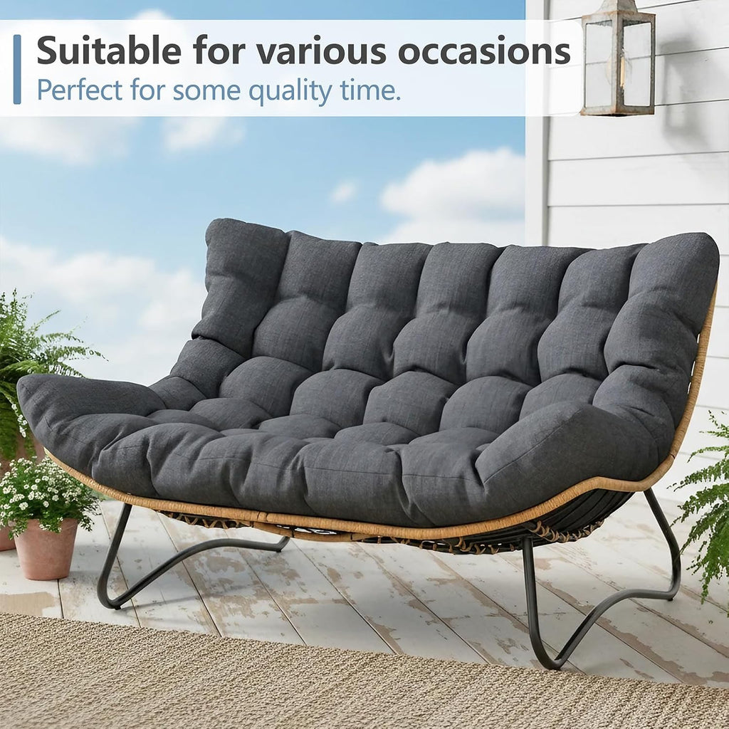 SWITTE Outdoor Papasan Loveseat, Oversized Double Wicker Egg Chair with Cushion, All-Weather Rattan 2-Seater Patio Lounge Chair for Balcony, Backyard, Poolside, Porch, Charcoal