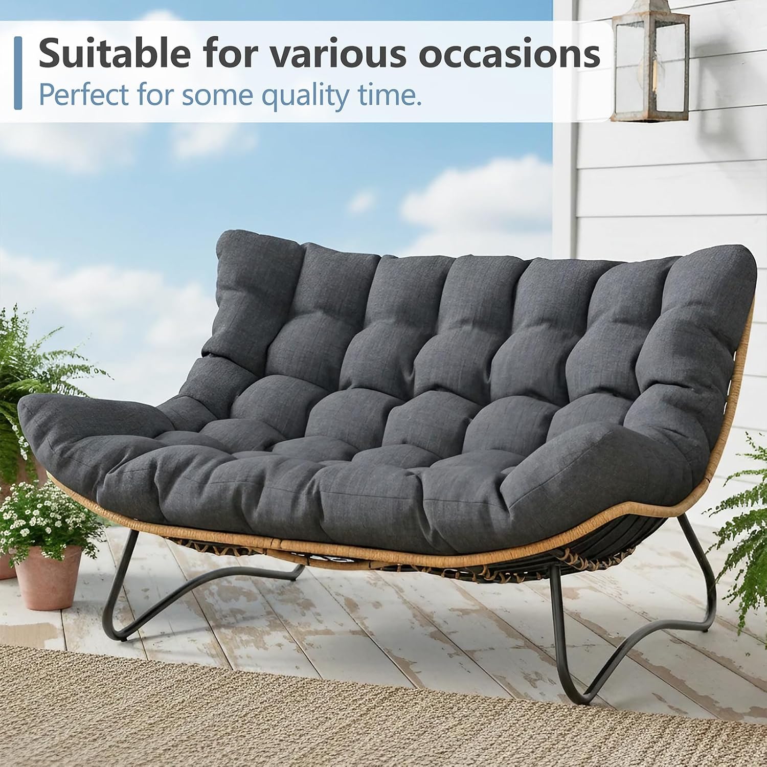 SWITTE Outdoor Papasan Loveseat, Oversized Double Wicker Egg Chair with Cushion, All-Weather Rattan 2-Seater Patio Lounge Chair for Balcony, Backyard, Poolside, Porch, Charcoal