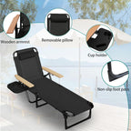 Foldable Chaise Lounge Chair Outdoor, 4-Position Reclining Outdoor Lounge Chairs with Wooden Armrest, Folding Sun Lounger with Removable Pillow for Garden Beach Patio Camp (Gray with Canopy)
