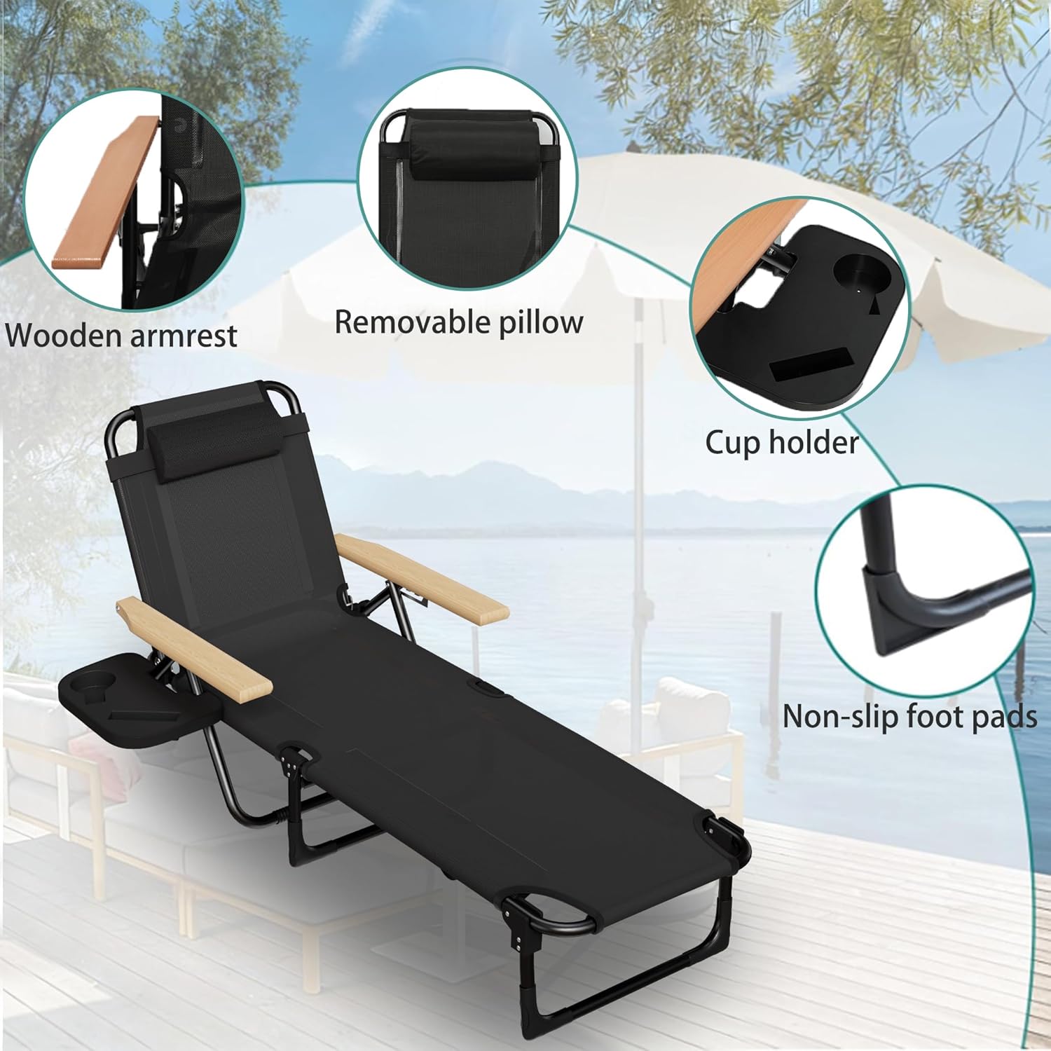 Foldable Chaise Lounge Chair Outdoor, 4-Position Reclining Outdoor Lounge Chairs with Wooden Armrest, Folding Sun Lounger with Removable Pillow for Garden Beach Patio Camp (Gray with Canopy)