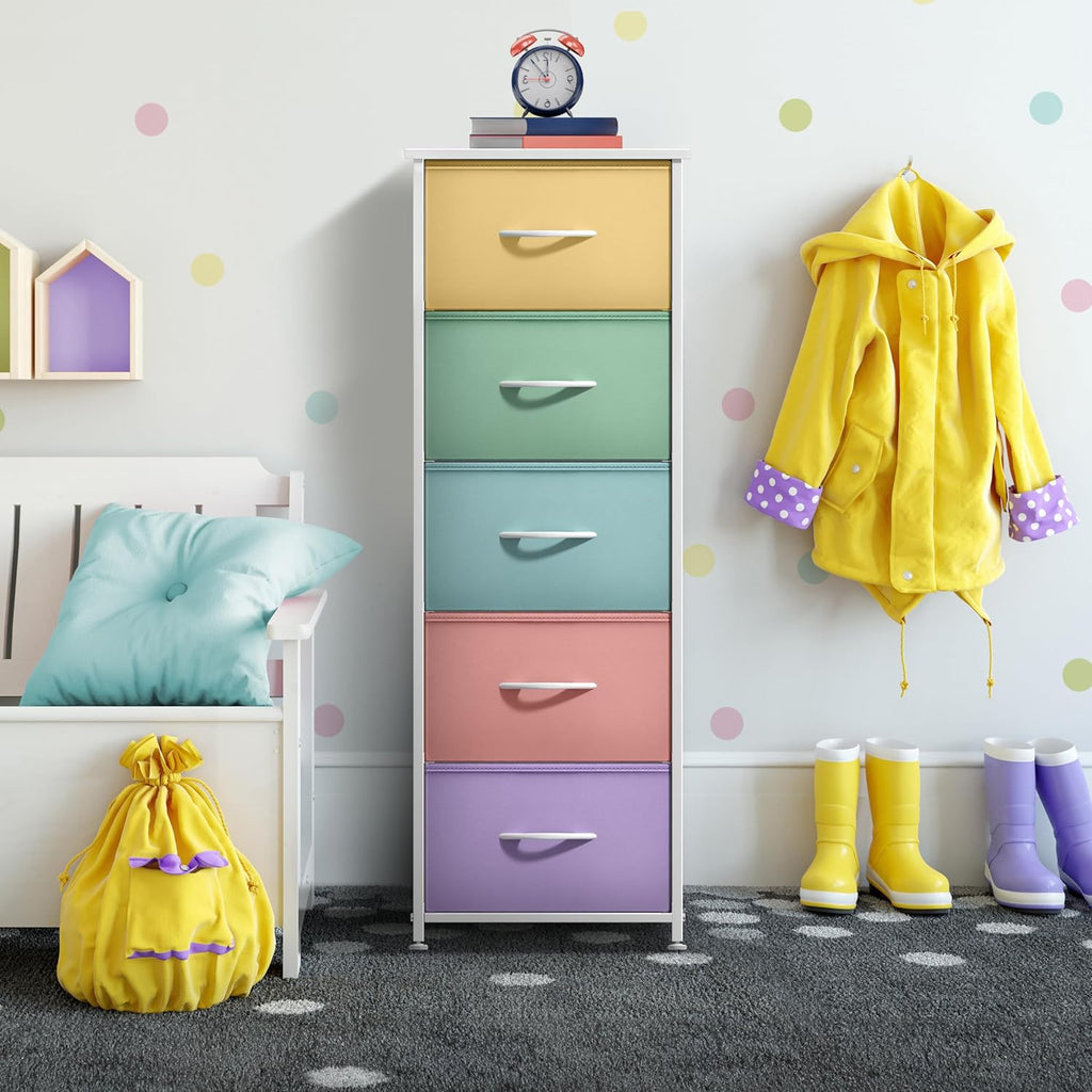 Sorbus Fabric Dresser for Kids Bedroom - Chest of 5 Drawers, Tall Storage Tower, Clothing Organizer, for Closet, for Playroom, for Nursery, Steel Frame, Fabric Bins - Wood Handle (Pastel)