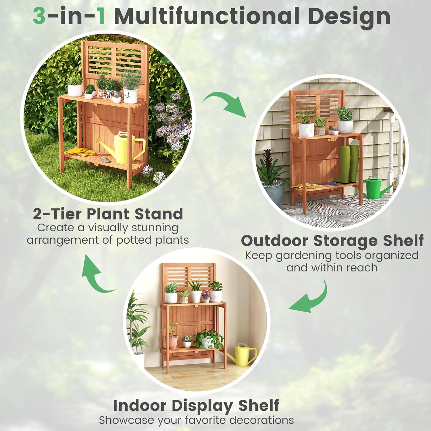 Garden Potting Bench Table, Folding Potting Bench Outdoor Workstation with Trellis & 2-Tier Shelves, Wood Potting Table for Outdoor, Deck, Balcony, Garden, Backyard
