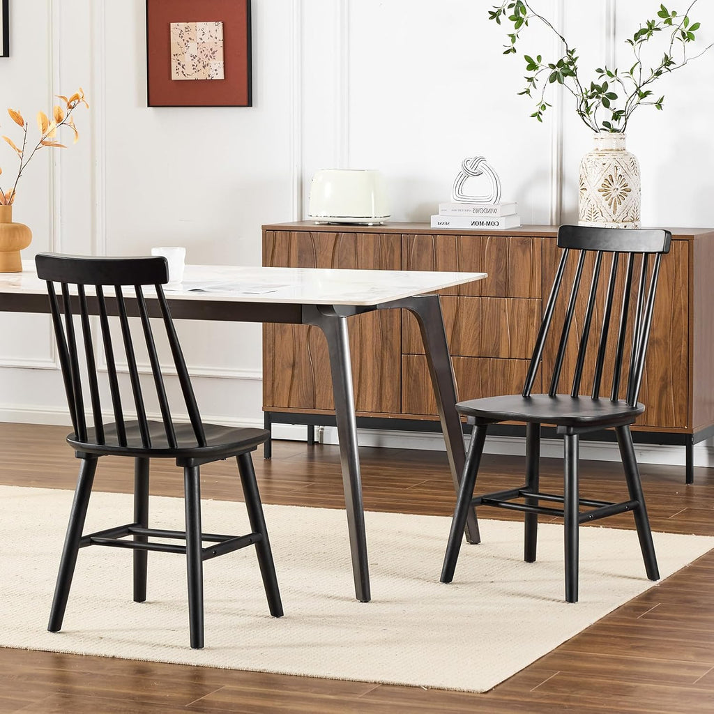 Black Dining Chair Set of 6, Windsor Wooden Dining Chairs Set of 6, Spindle Back Dining Chairs, Wood Dining Room Chair Spindle Side Country Farmhouse Chairs for Kitchen and Dining Room, Black