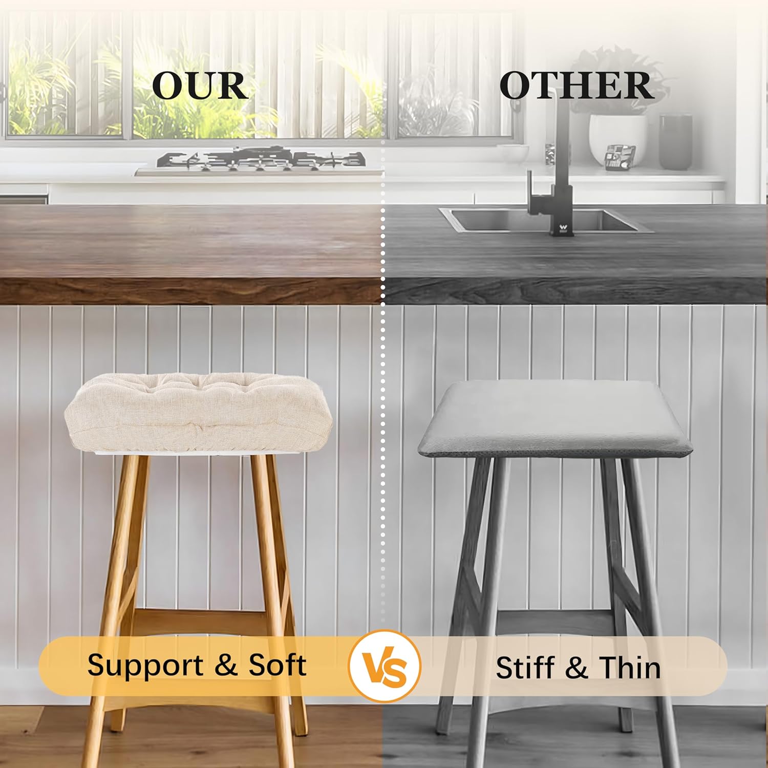 Rectangular Stool Cushion Set of 2, Soft Saddle Stool Cushions with Ties, Nonslip and Washable, Beige, 18 x 10.5 x 4 Inch