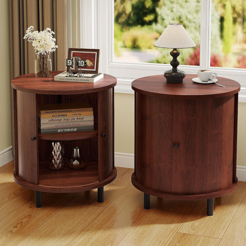 FROMJBEST Round End Table with Storage, Fluted Accent Side Table with Sliding Door, Mid-Century Nightstand for Small Spaces, Living Room, Bedroom (1, Walnut)