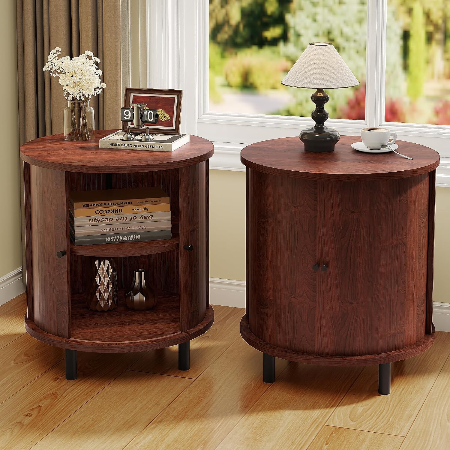 FROMJBEST Round End Table with Storage, Fluted Accent Side Table with Sliding Door, Mid-Century Nightstand for Small Spaces, Living Room, Bedroom (1, Walnut)