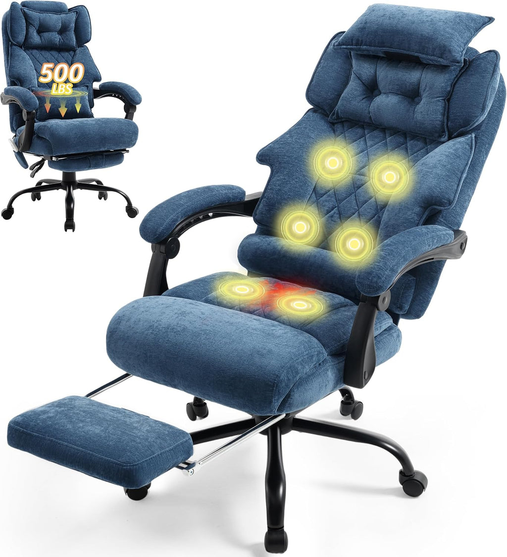 Massage Office Chair with Foot Rest,6 Points Vibration&Heat Executive Office Chairs,Big and Tall Fabric Office Chair 500LBS,Ergonomic Desk Chair for Heavy People,Home and Office Computer Chair,Blue