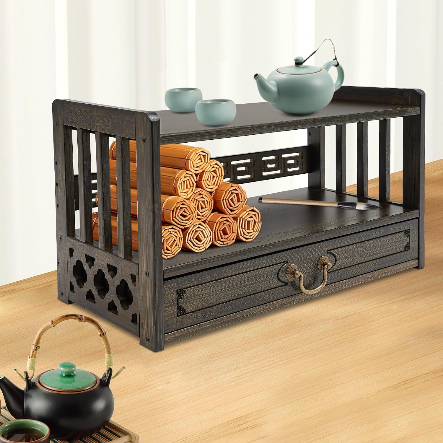 Altar Table with Drawer, Altar Shelf & Meditation Table for Spiritual, Bamboo Puja Table for Home, Buddha Statues, Books, Ritual Items (20.4" W x 9.8" D x 11" H, Walnut Color)