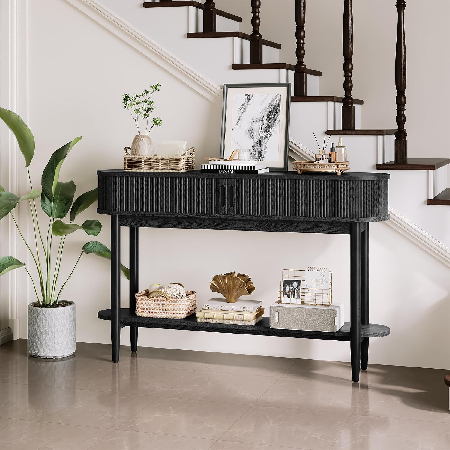 LINSY Fluted Console Table with Storage and Shelves, Black | Entryway Table, Wood Entrance, Behind Couch Sofa Table, Foyer Tables for Hallways, Living Room Boho Furniture, Narrow Long
