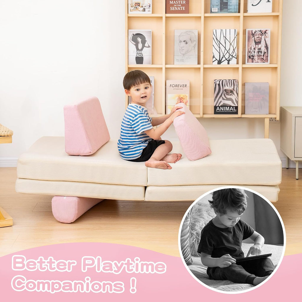 furlinkhm Kids Modular Play Couch, Kids Couch for Playroom, 5 Seconds Instant Expansion, Corduroy Fabric, Pink and Beige