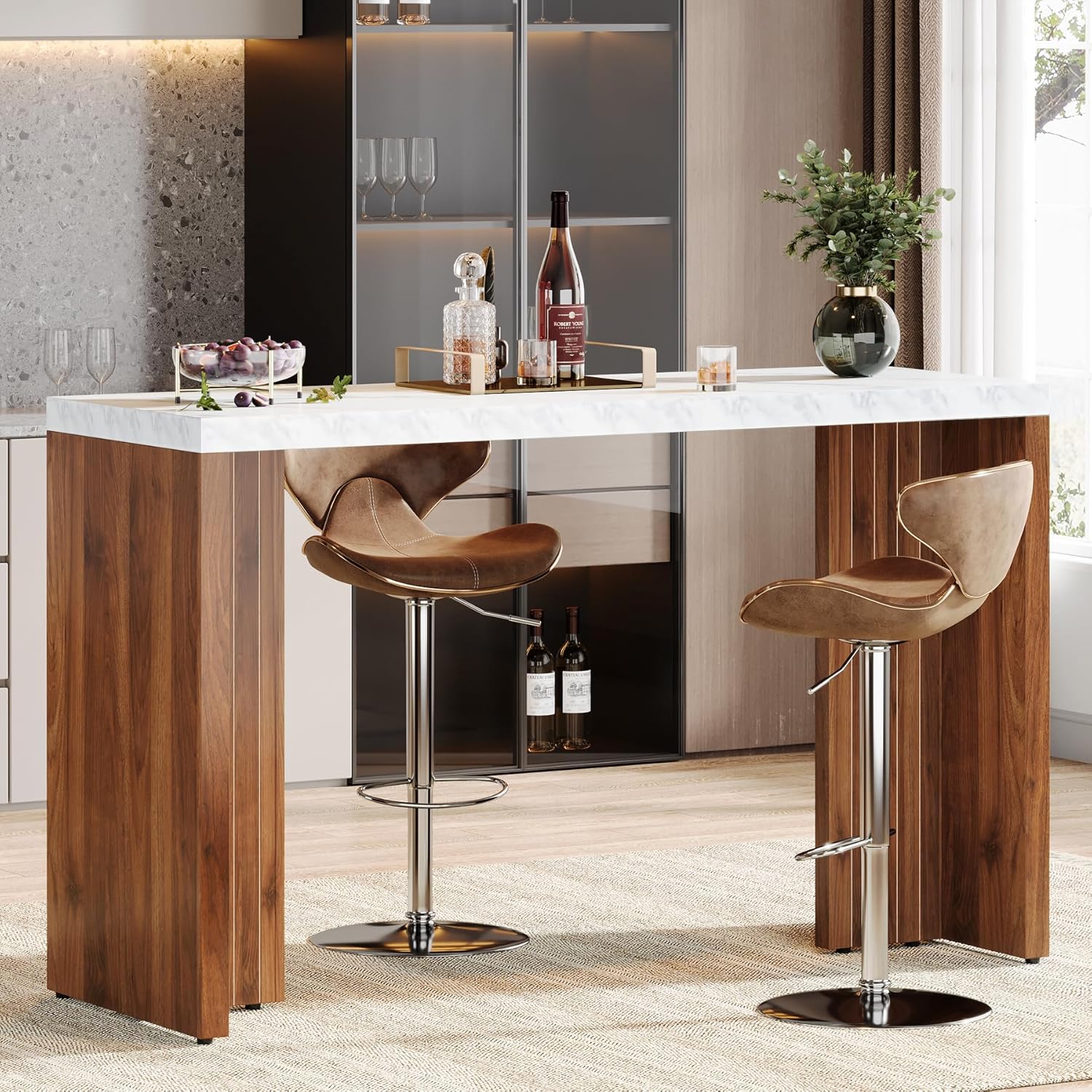 Tribesigns 55.12-Inch Bar Table, Modern Counter Height Pub Table with a Faux Marble Tabletop, Rectangular Home Coffee Bar Unit for Kitchen, Dining Room, Living Room, Balcony, Basement, Walnut & White